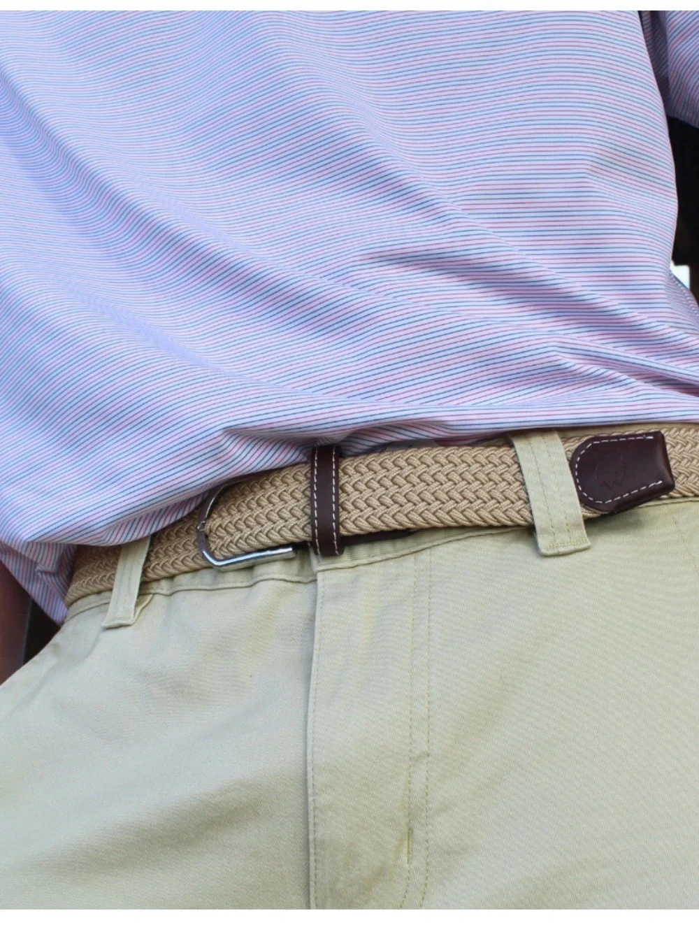 Men's Braided Tan Stretch Belt with Dark Brown Leather Trim